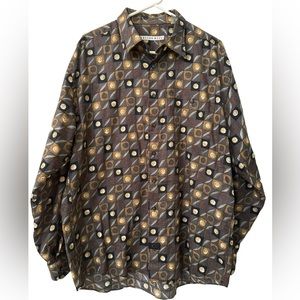 Vintage 90s Mens Large Geometric Cotton Reel Long Sleeve Button Down EUC Grey